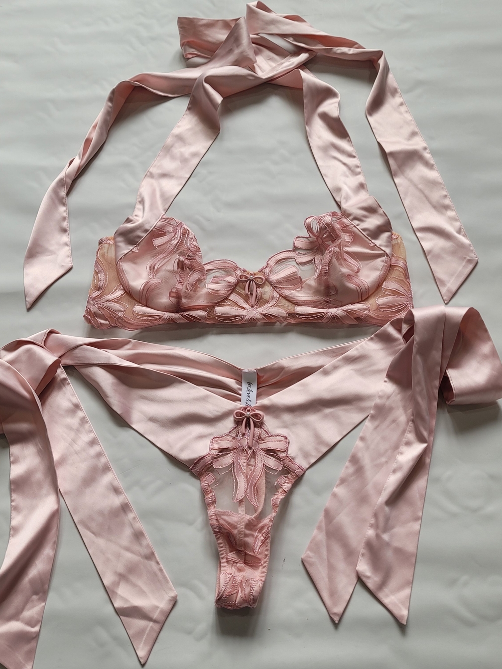 For Love & Lemons Blush Pink Satin & Lace Halter Bra and Thong Set